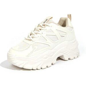 Women Beige Casual Tennis Lace Up Chunky Sneakers Shoes